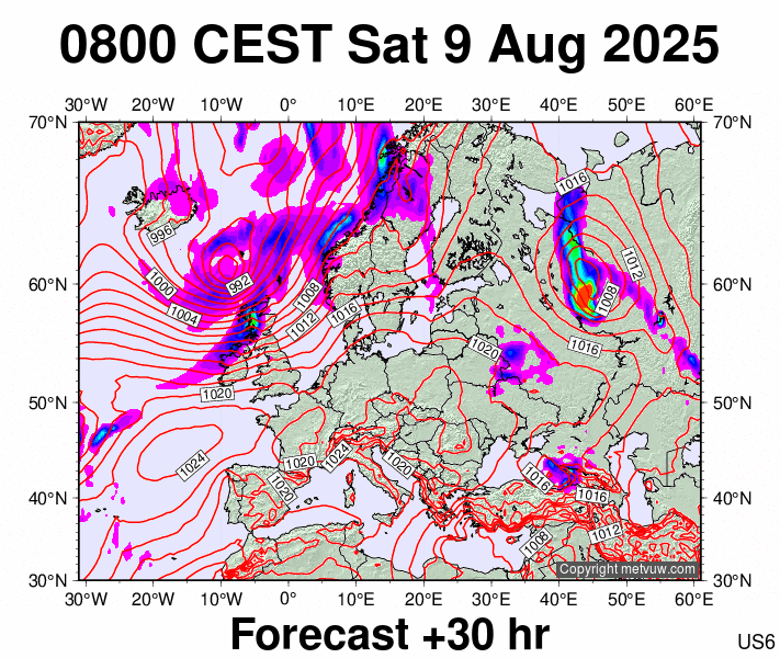 Europe forecast chart for Saturday, August 9th, 2025 at 6:00 AM