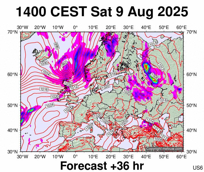 Europe forecast chart for Saturday, August 9th, 2025 at 12:00 PM