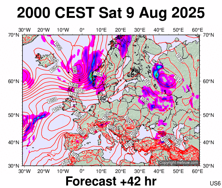 Europe forecast chart for Saturday, August 9th, 2025 at 6:00 PM
