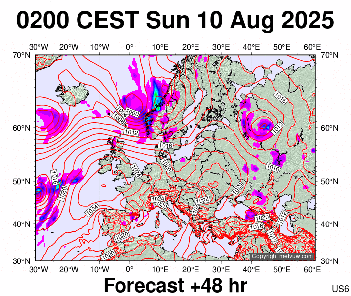 Europe forecast chart for Sunday, August 10th, 2025 at 12:00 AM