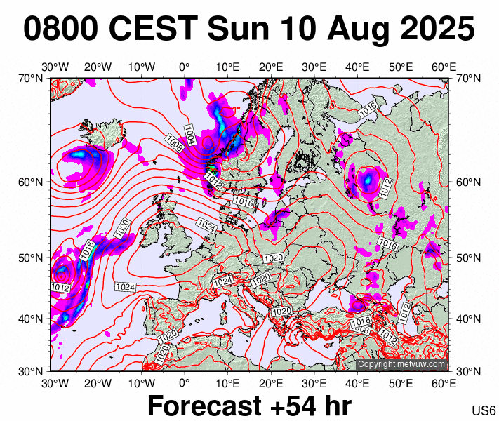 Europe forecast chart for Sunday, August 10th, 2025 at 6:00 AM