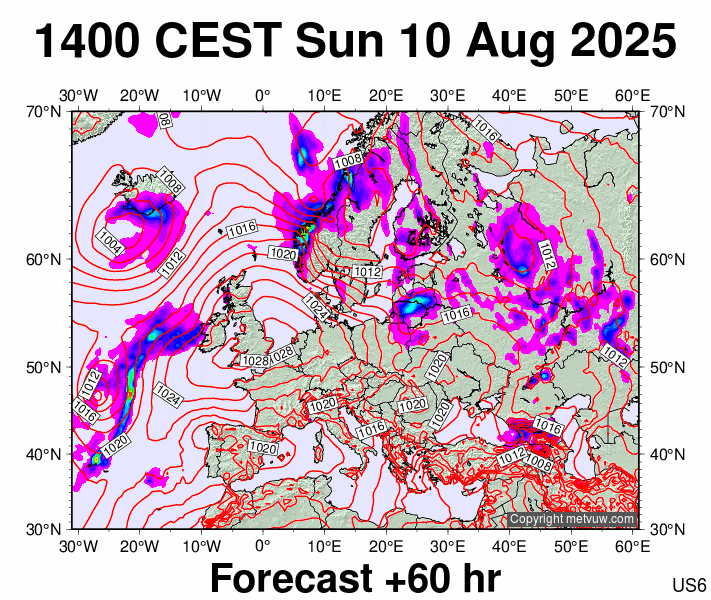 Europe forecast chart for Sunday, August 10th, 2025 at 12:00 PM