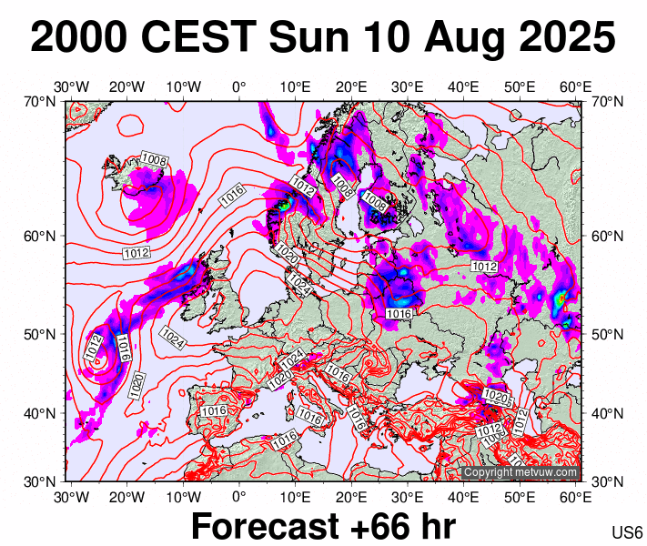 Europe forecast chart for Sunday, August 10th, 2025 at 6:00 PM