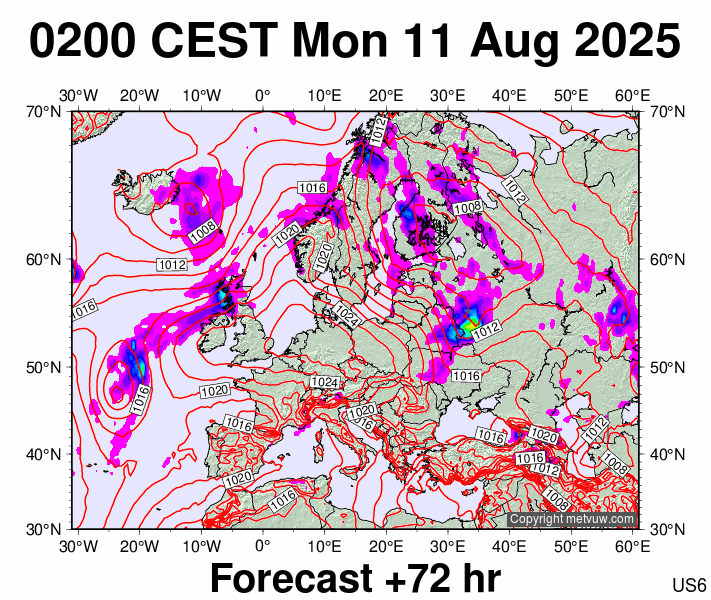 Europe forecast chart for Monday, August 11th, 2025 at 12:00 AM