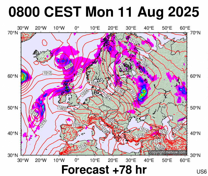 Europe forecast chart for Monday, August 11th, 2025 at 6:00 AM