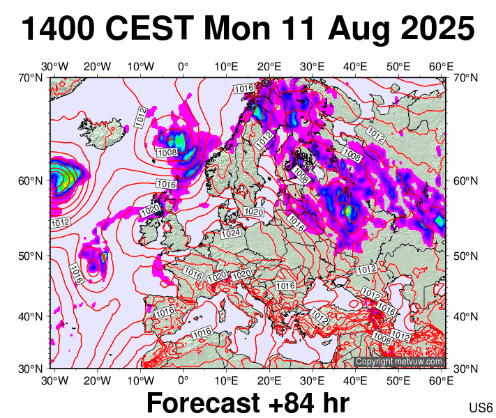 Europe forecast chart for Monday, August 11th, 2025 at 12:00 PM