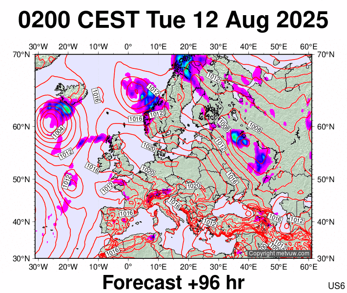 Europe forecast chart for Tuesday, August 12th, 2025 at 12:00 AM