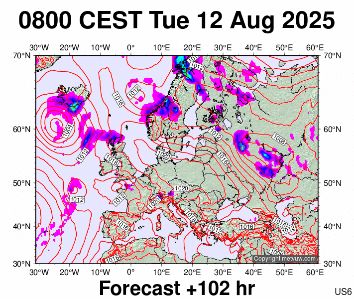 Europe forecast chart for Tuesday, August 12th, 2025 at 6:00 AM