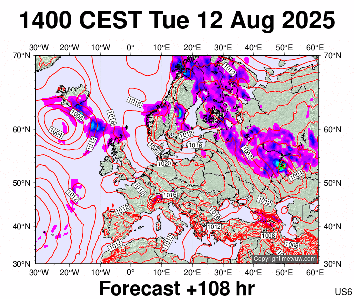 Europe forecast chart for Tuesday, August 12th, 2025 at 12:00 PM