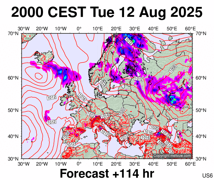 Europe forecast chart for Tuesday, August 12th, 2025 at 6:00 PM