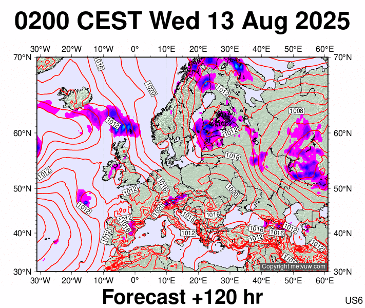 Europe forecast chart for Wednesday, August 13th, 2025 at 12:00 AM
