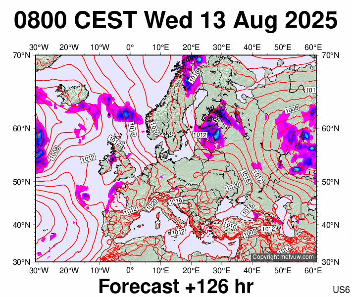 Europe forecast chart for Wednesday, August 13th, 2025 at 6:00 AM