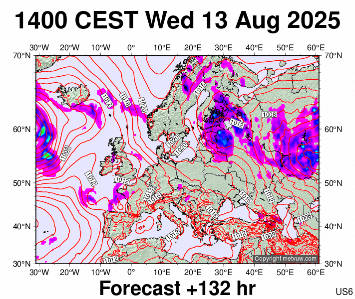 Europe forecast chart for Wednesday, August 13th, 2025 at 12:00 PM