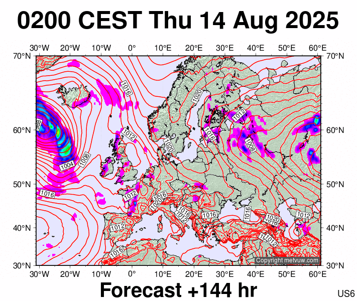 Europe forecast chart for Thursday, August 14th, 2025 at 12:00 AM