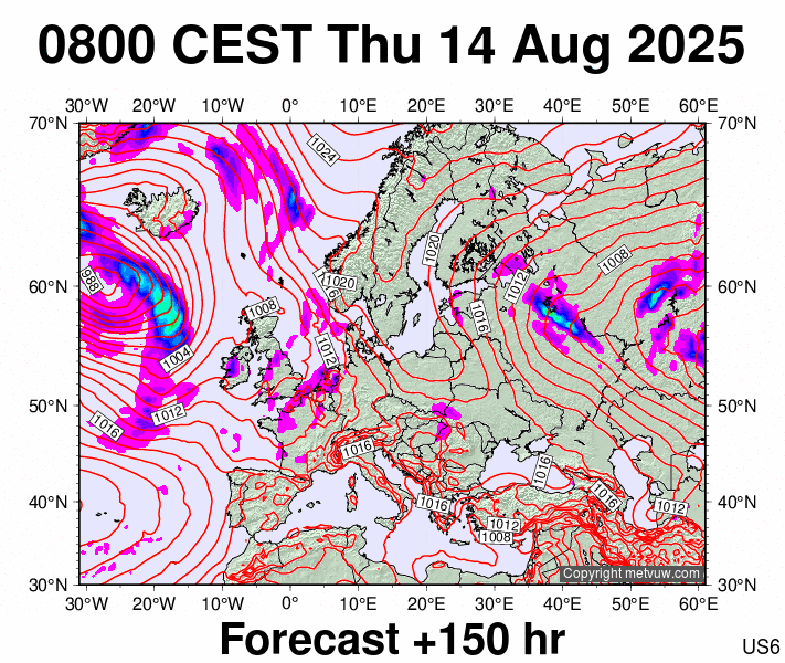 Europe forecast chart for Thursday, August 14th, 2025 at 6:00 AM