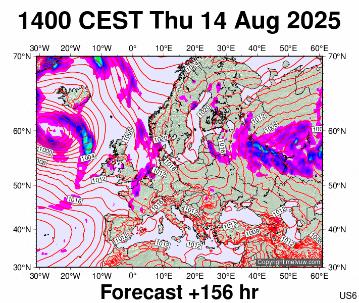 Europe forecast chart for Thursday, August 14th, 2025 at 12:00 PM