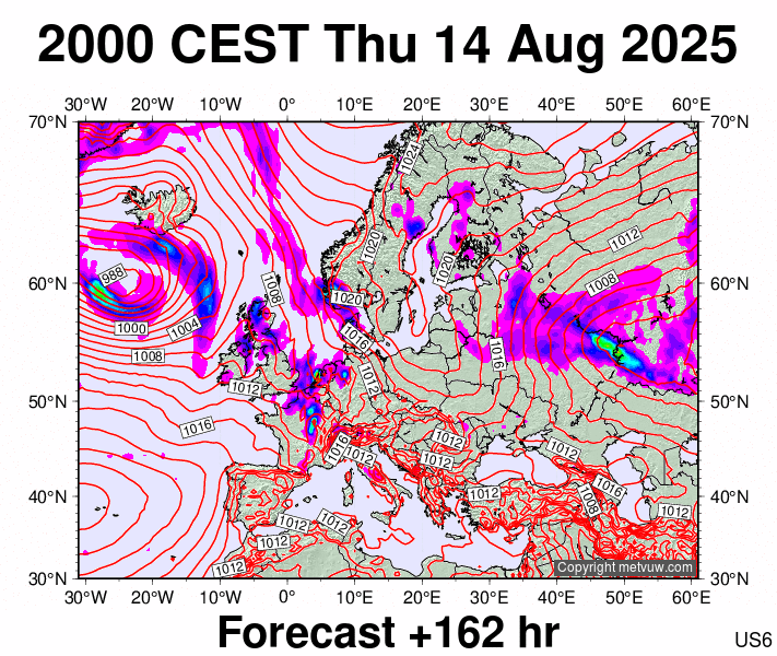 Europe forecast chart for Thursday, August 14th, 2025 at 6:00 PM