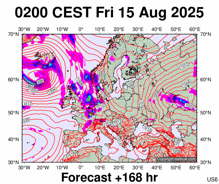 Europe forecast chart for Friday, August 15th, 2025 at 12:00 AM