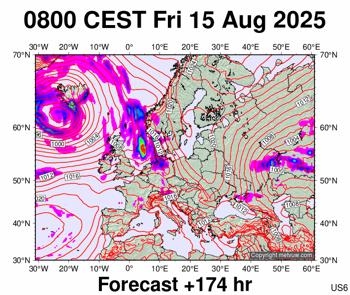 Europe forecast chart for Friday, August 15th, 2025 at 6:00 AM
