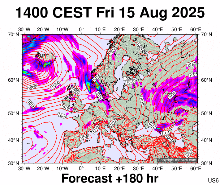 Europe forecast chart for Friday, August 15th, 2025 at 12:00 PM