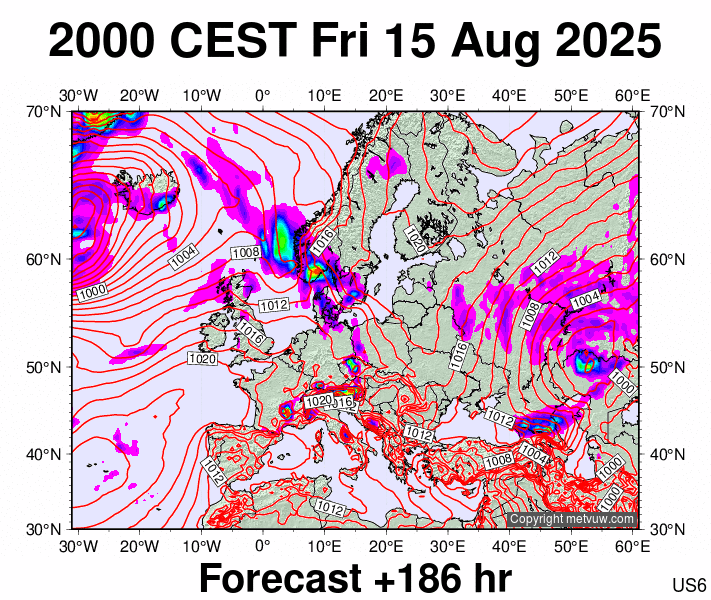 Europe forecast chart for Friday, August 15th, 2025 at 6:00 PM