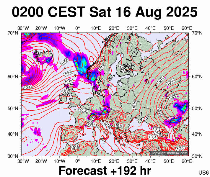 Europe forecast chart for Saturday, August 16th, 2025 at 12:00 AM