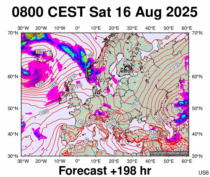 Europe forecast chart for Saturday, August 16th, 2025 at 6:00 AM