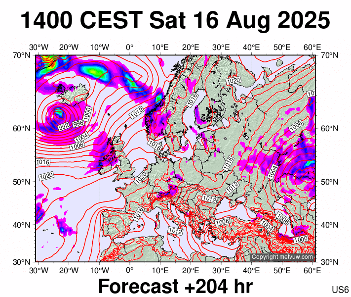 Europe forecast chart for Saturday, August 16th, 2025 at 12:00 PM