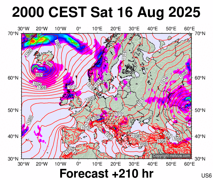 Europe forecast chart for Saturday, August 16th, 2025 at 6:00 PM