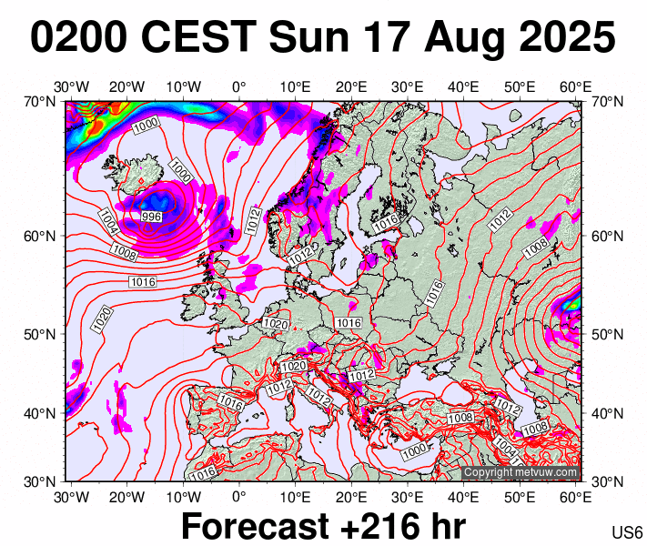Europe forecast chart for Sunday, August 17th, 2025 at 12:00 AM