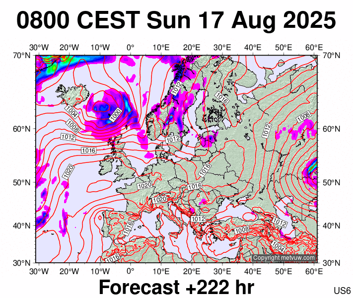 Europe forecast chart for Sunday, August 17th, 2025 at 6:00 AM