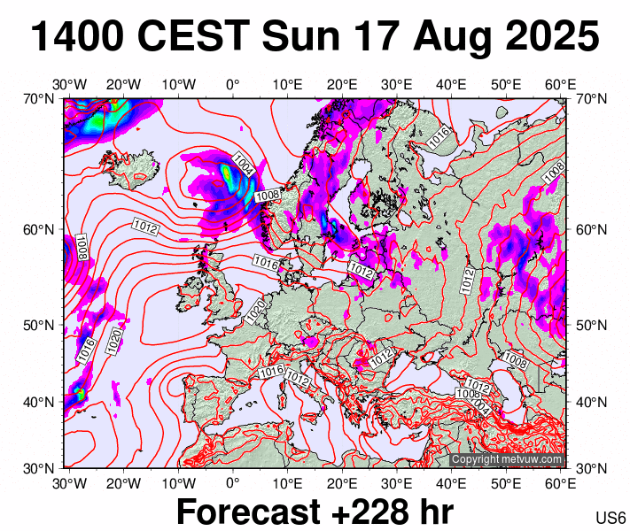 Europe forecast chart for Sunday, August 17th, 2025 at 12:00 PM
