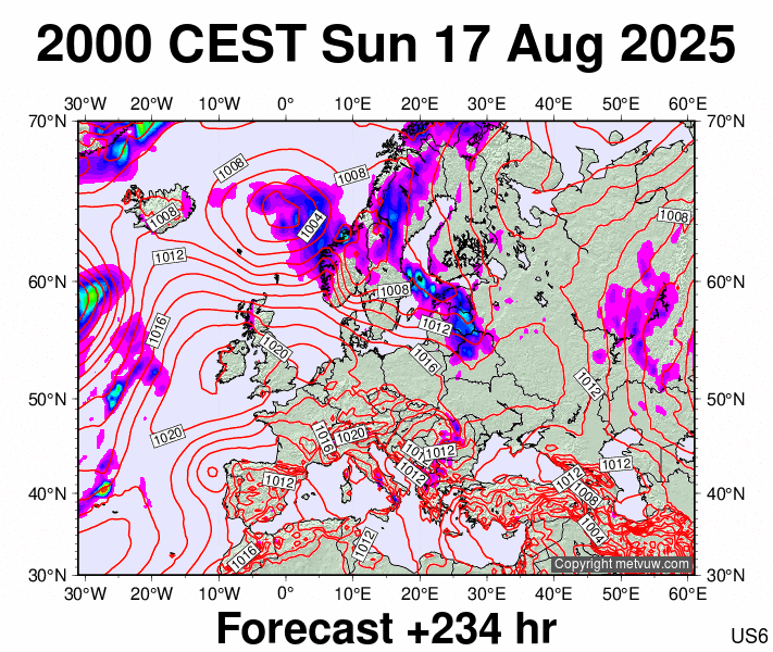 Europe forecast chart for Sunday, August 17th, 2025 at 6:00 PM