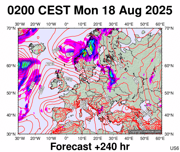 Europe forecast chart for Monday, August 18th, 2025 at 12:00 AM