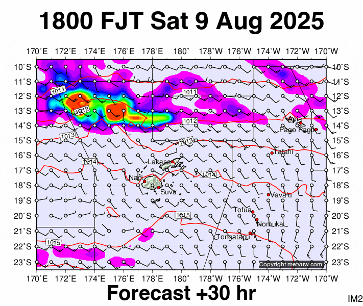 Fiji forecast chart for Saturday, August 9th, 2025 at 6:00 AM