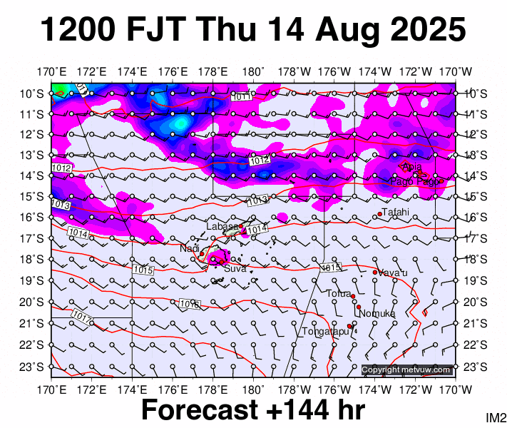 Fiji forecast chart for Thursday, August 14th, 2025 at 12:00 AM
