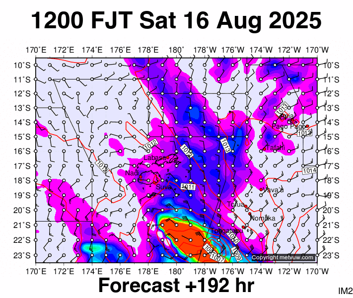 Fiji forecast chart for Saturday, August 16th, 2025 at 12:00 AM