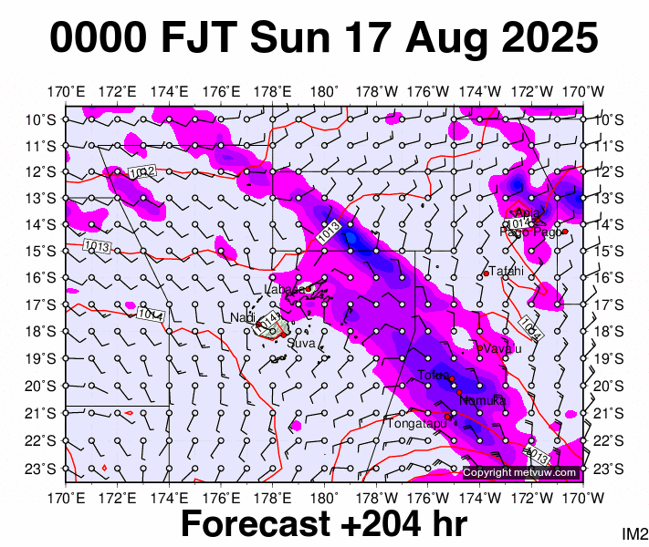 Fiji forecast chart for Saturday, August 16th, 2025 at 12:00 PM