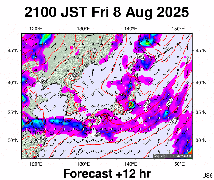Japan forecast chart for Friday, August 8th, 2025 at 12:00 PM