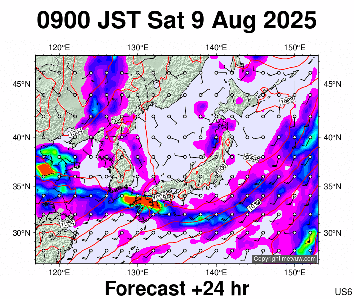 Japan forecast chart for Saturday, August 9th, 2025 at 12:00 AM