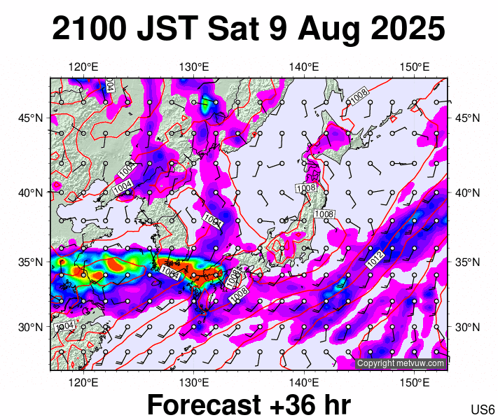 Japan forecast chart for Saturday, August 9th, 2025 at 12:00 PM