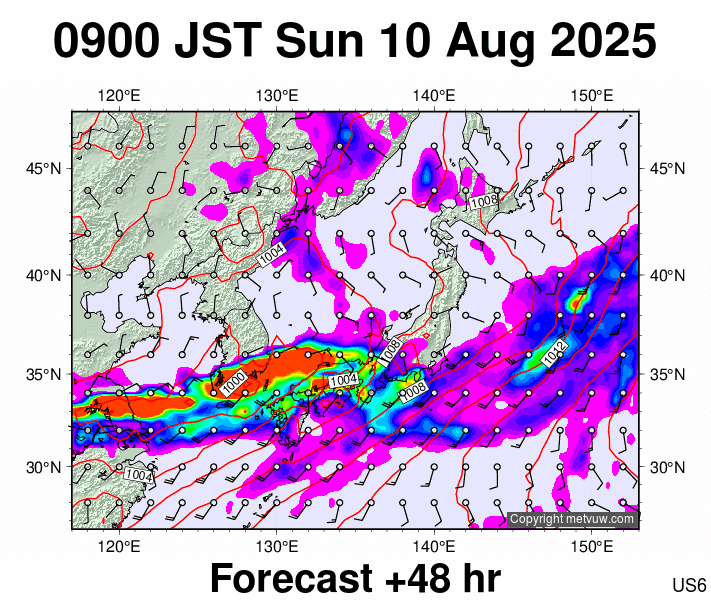 Japan forecast chart for Sunday, August 10th, 2025 at 12:00 AM