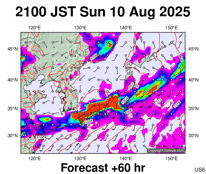 Japan forecast chart for Sunday, August 10th, 2025 at 12:00 PM