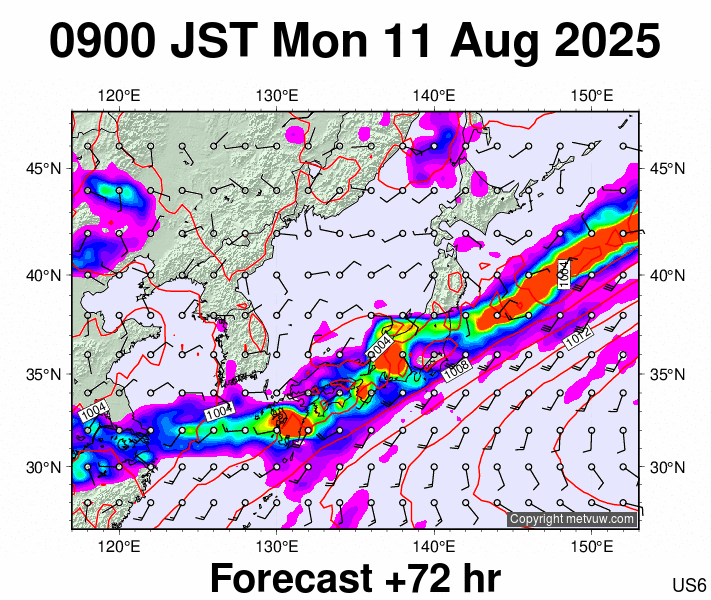 Japan forecast chart for Monday, August 11th, 2025 at 12:00 AM