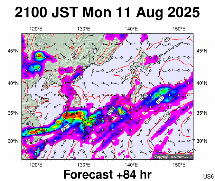 Japan forecast chart for Monday, August 11th, 2025 at 12:00 PM