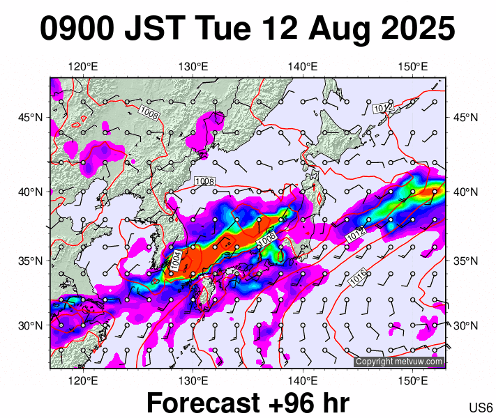 Japan forecast chart for Tuesday, August 12th, 2025 at 12:00 AM