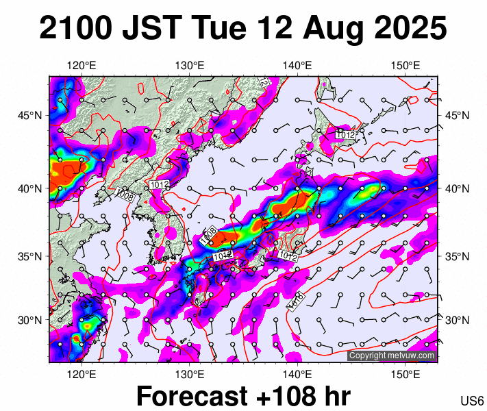 Japan forecast chart for Tuesday, August 12th, 2025 at 12:00 PM