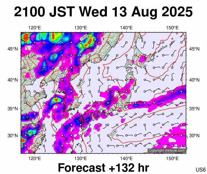 Japan forecast chart for Wednesday, August 13th, 2025 at 12:00 PM