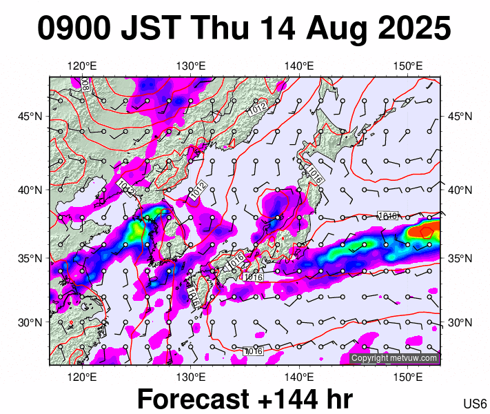 Japan forecast chart for Thursday, August 14th, 2025 at 12:00 AM