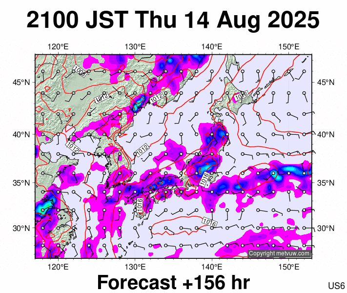 Japan forecast chart for Thursday, August 14th, 2025 at 12:00 PM
